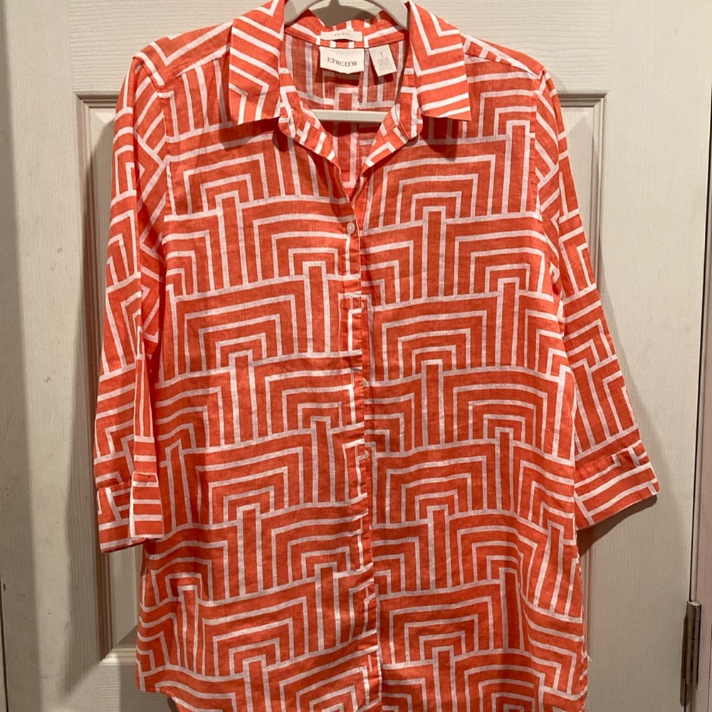 Stylish Chico’s Orange and White Geometric Tunic Shirt